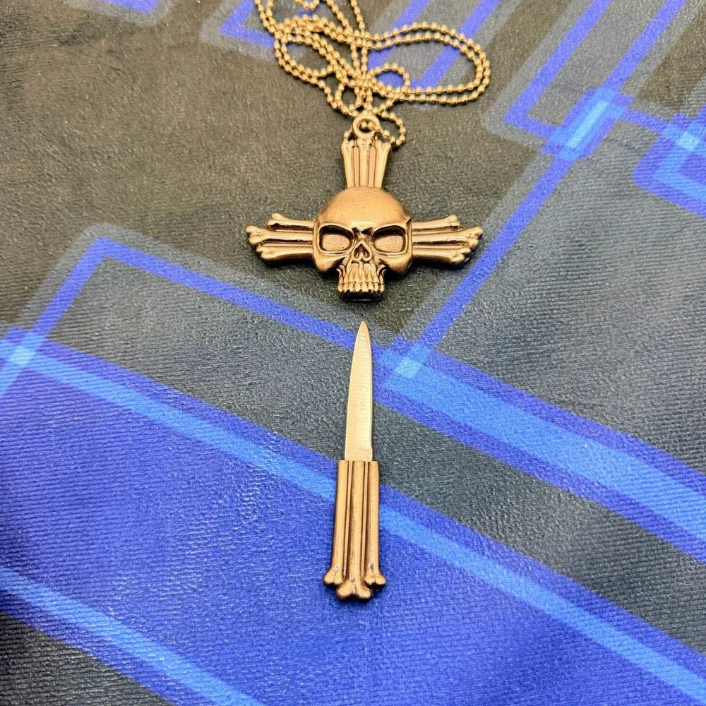 Gothic Skull Cross Hidden Knife Dagger Pendant Necklace Bronze Ball Chain
